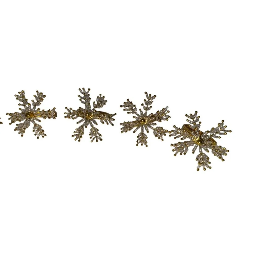 Set 6 White Clear Seed Beaded Gold Winter Christmas Snowflake Napkin Rings